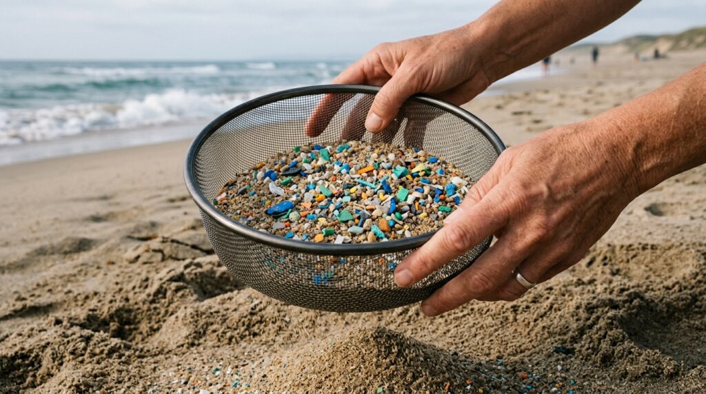 Kumların arasına karışmış renkli mikroplastik parçaları ve süzgeç
