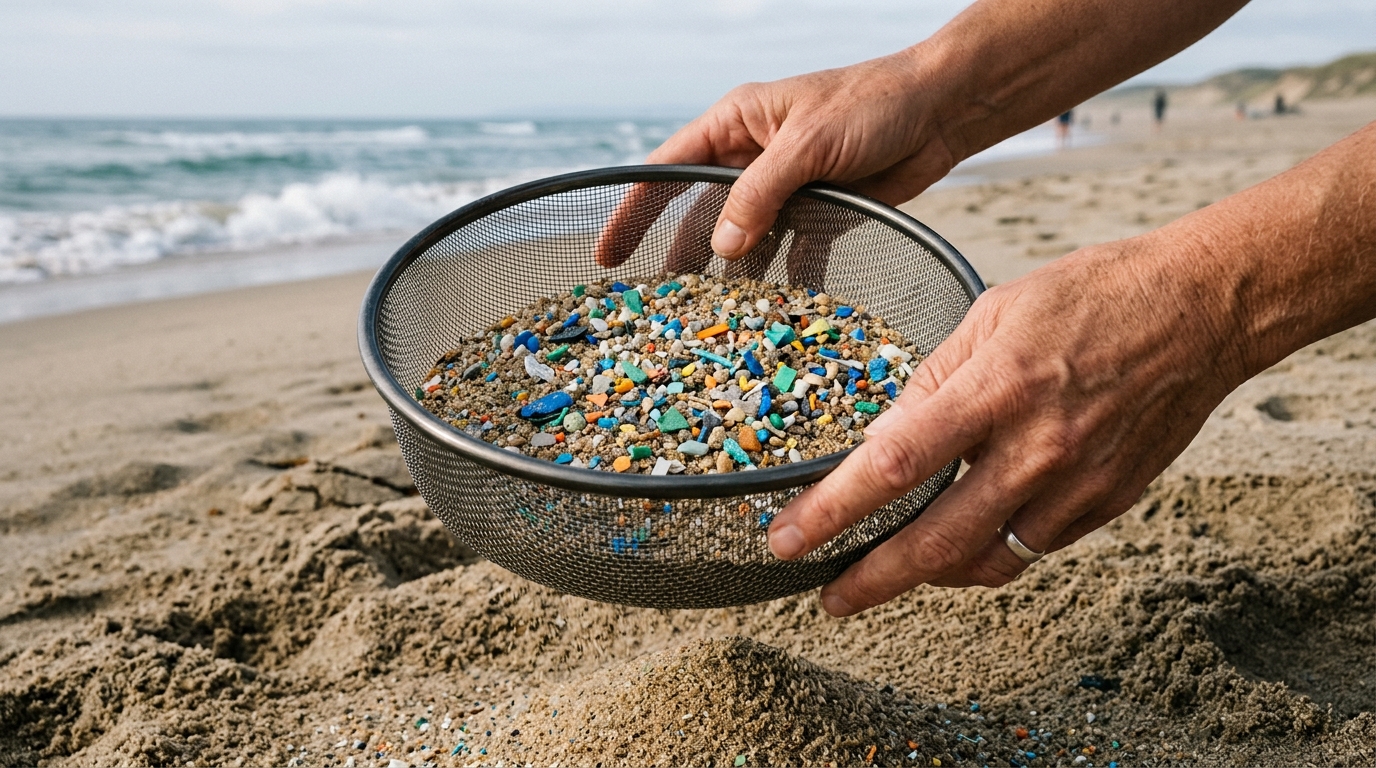 Kumların arasına karışmış renkli mikroplastik parçaları ve süzgeç